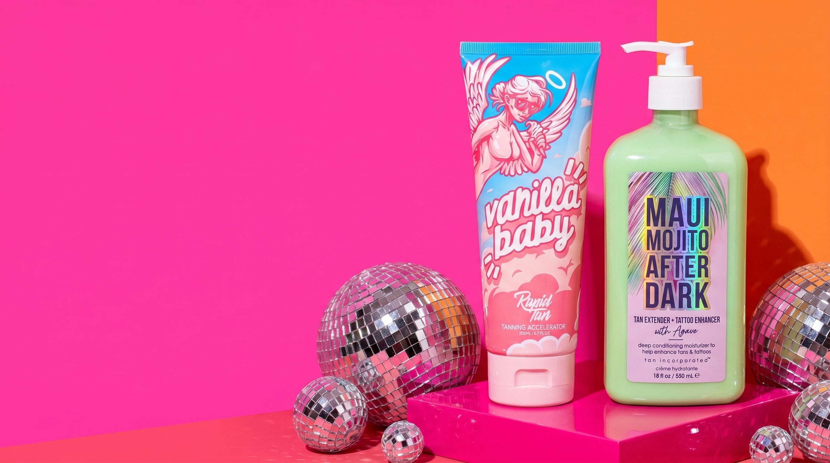 Rapid Tan Vanilla Baby and Tan Inc Maui Mojito After Dark bottles with disco balls on a hot pink and orange colour-block set